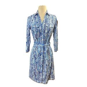 J. McLaughlin Belted Dress Women’s Sz XS Geometric Blue White Stretch Retro 70s